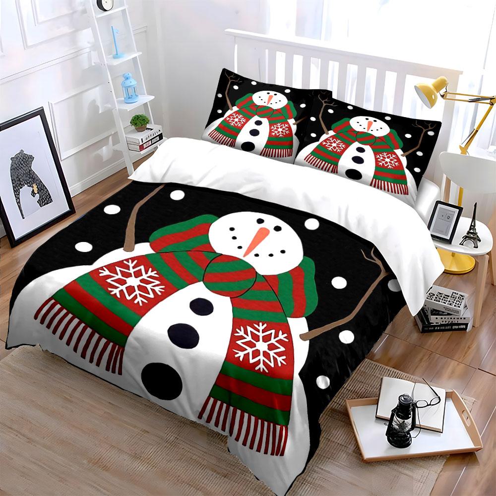 Snowman with Red Green Scarf Bedding Duvet Cover Set Duvet Cover Pillowcases (1*Duvet Cover 2*Pillowcases, without duvet insert)
