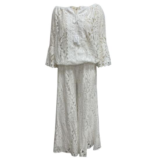 2 шт./компл. Женский комплект топ и брюки с ажурной отделкой, с открытыми плечами, свободный, длинный