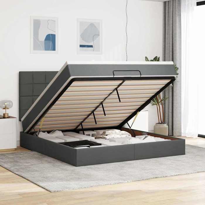 Cadre de lit ottoman - 180x200 cm - Matelas inclus - Rangement sous le lit - Tissu gris foncé