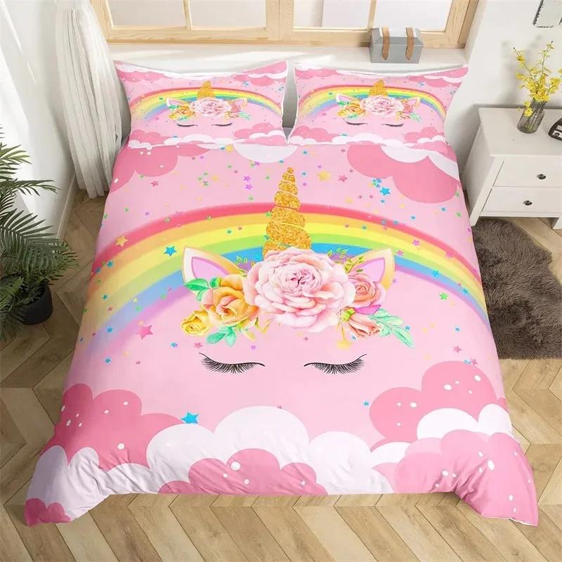 Cartoon Unicorn Duvet Cover Twin King Smiling Eyelash Rainbow Bedding Set For Kids Girls Microfiber Magical Animal Quilt Cover