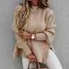 Half High Neck Solid Color Sweater Women's Side Slit Hem Loose Long Sleeved Top Knitted Pullover Retro Style Pull Jumper Autumn and Winter