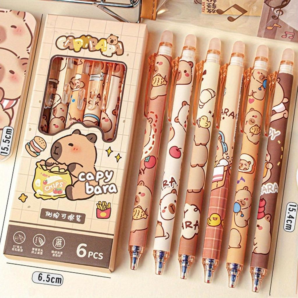 "6 шт. Милые стираемые гелевые ручки с капибарами, 0,5 мм, синие чернила, выдвижные и с тонким пишущим узлом, для школы, офиса и подарки для женщин"