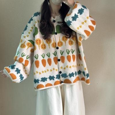 Свитера Вязание Цветочный Кардиган Осенний Принт Женские Свитера Летучая Мышь Свободный Свитер