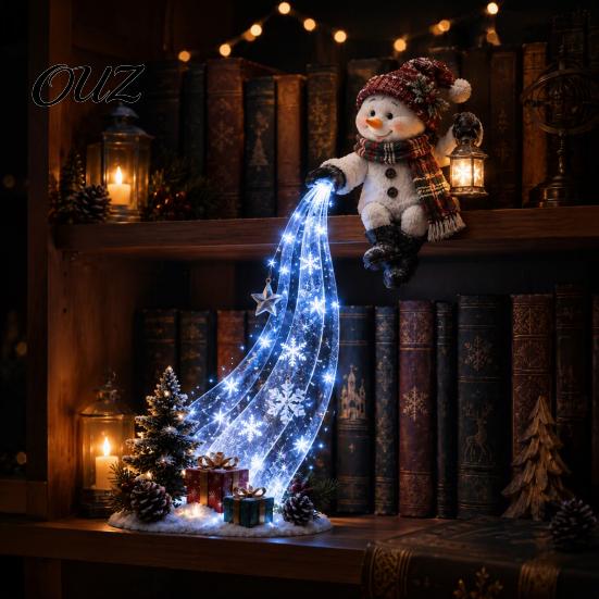 Snowman Bookshelf Accent LED Waterfall Christmas Shelf Sitter Figurine, Light Up Santa Claus Party Table Decor Angel Statue, Holiday Edge Ornament for