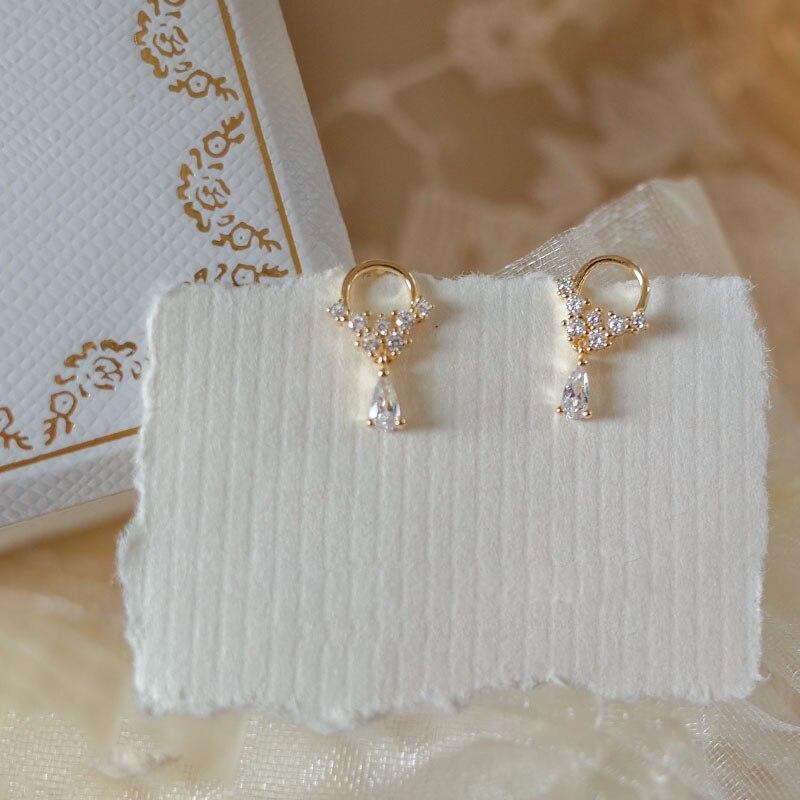 Серьги-гвоздики с кристаллами в форме капли воды, покрытые серебром 925 пробы и позолоченные 14-каратным золотом, женские модные простые свадебные украшения