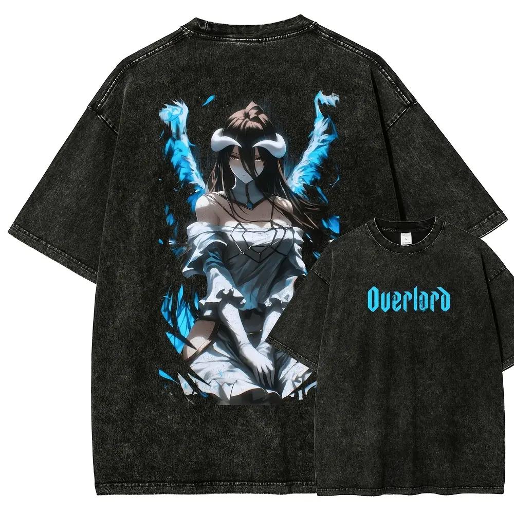 Albedo Overlord Anime Printed T-shirt Men Women Clothing Harajuku Vintage Washed T Shirt Summer Short Sleeve Polyester Tees Clothes