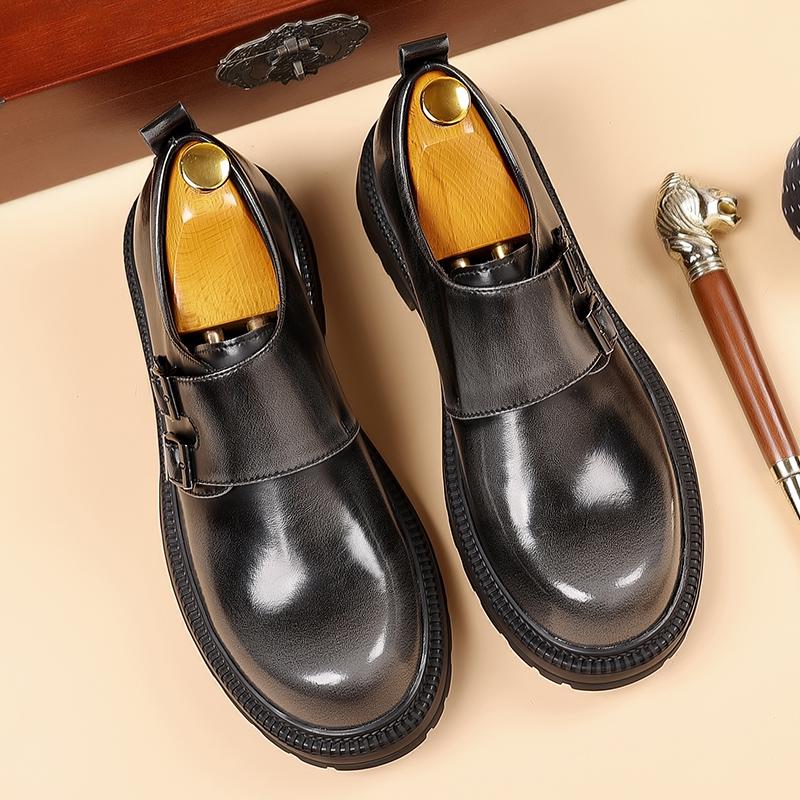 Fashionable Retro Men's Polished Big Toe Leather Shoes Autumn Men Buckle Comfortable Thick Soled Casual Shoes Mengke Trendy Shoe