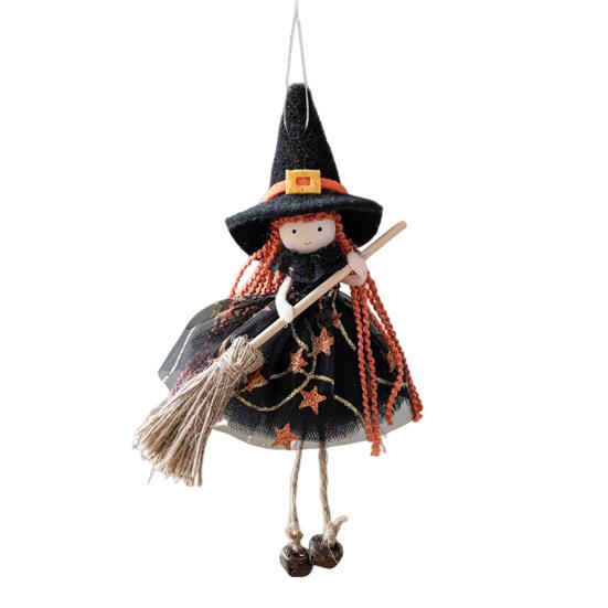 Halloween Witch Doll Decor with Broom Small Witch Figurine with Gauze Skirt Kitchen Hanging Witch Ornament for Room Door Window Halloween Decor