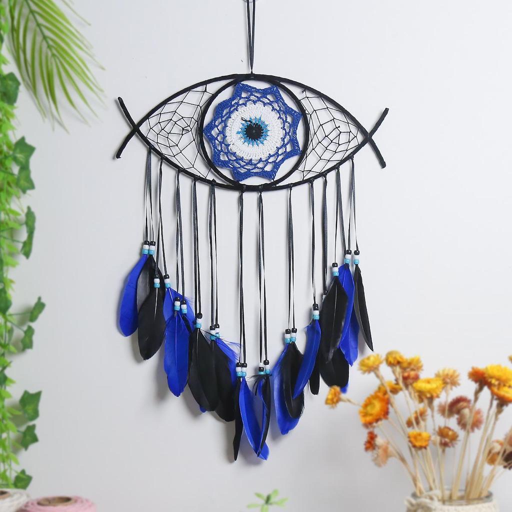 Evil Eye Feather Dream Catcher Pendant - Handmade Decorative Woven Craft