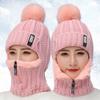 Women Wool Knitted Hat Ski Hat Sets Windproof Winter Outdoor Knit Thick Siamese Scarf Collar Warm Keep Face Warmer Pompoms Cap
