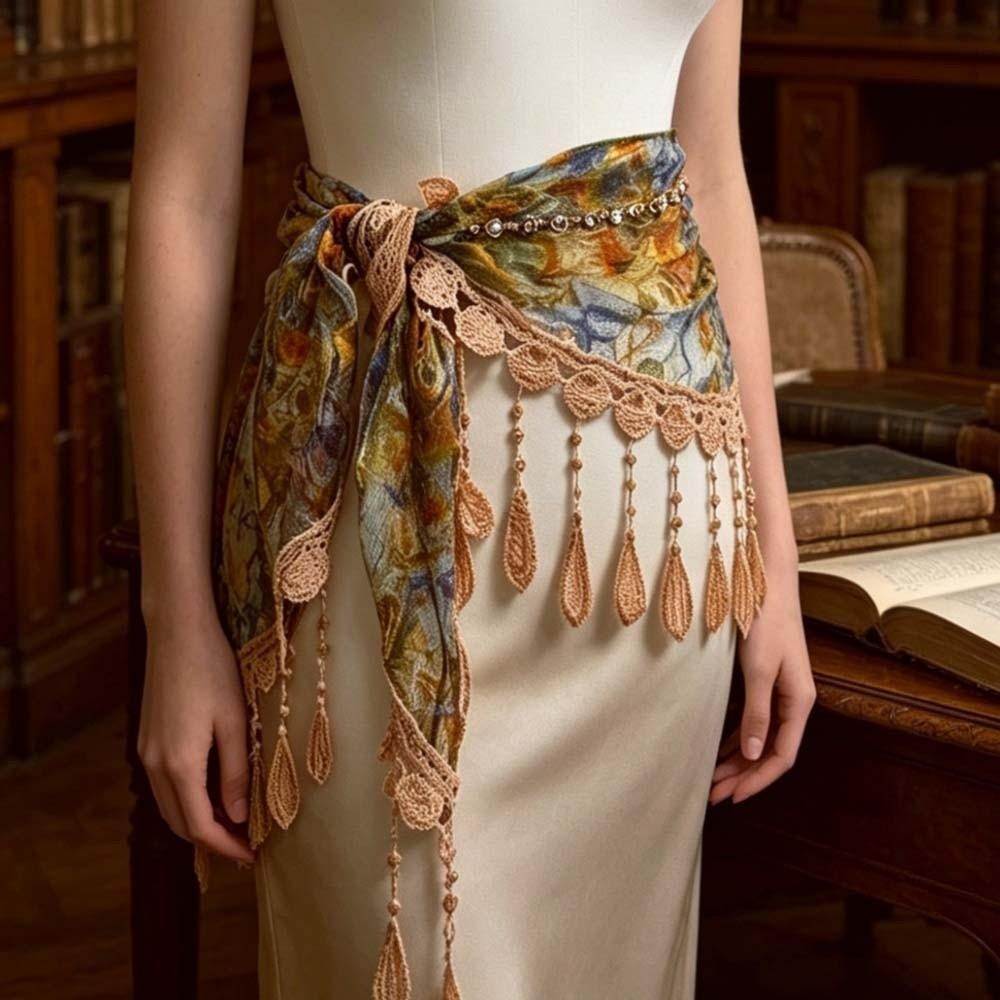 Asymmetric Shape Fringe Waist Belt Mesh Texture Chic Tassel Wrap Dance Practice Room