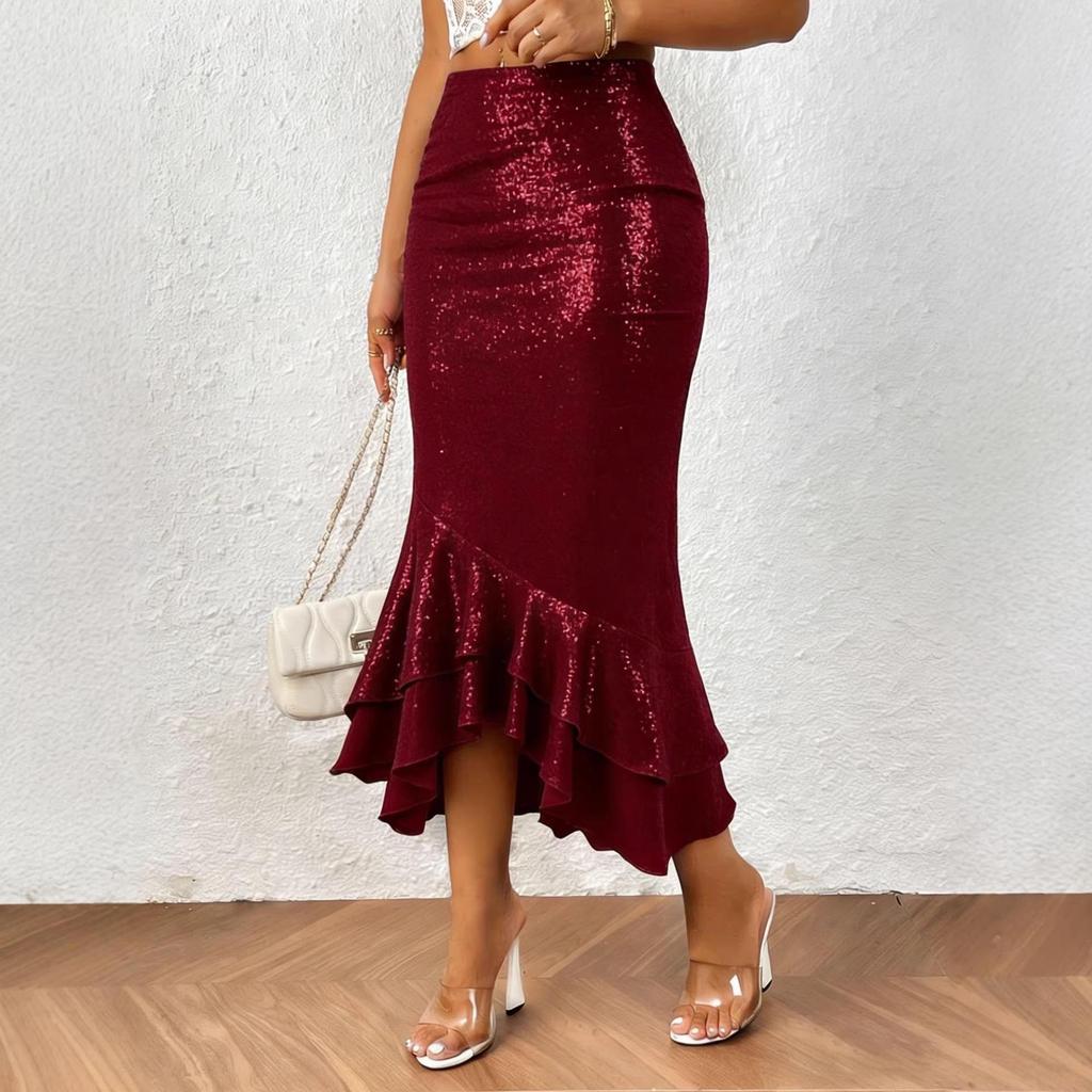 Shiny Women's Mid-Waist Temperament Fishtail Skirt with Sparkly Personality