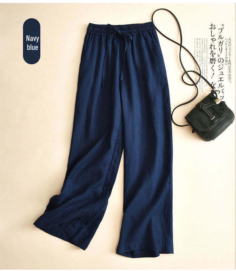 Женские брюки с высокой талией из хлопка и льна с широкими штанинами - Свободные, Стройнящие, Дышащие, Большого размера, Повседневные прямые штанины для весны и осени