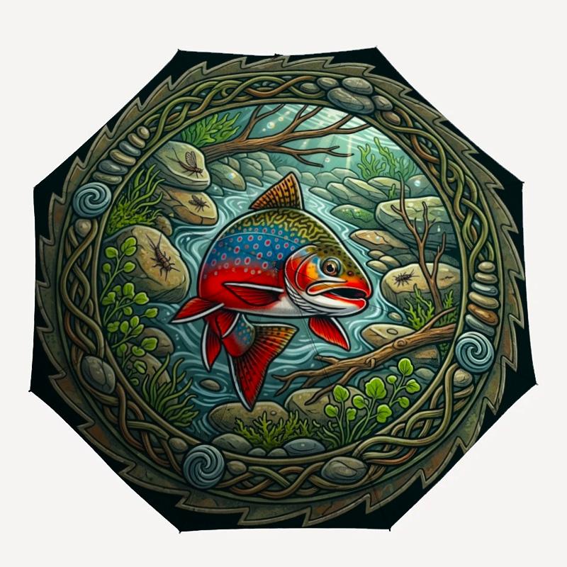 Fish River pattern umbrella, portable and foldable design, 8 ribs, a casual accessory for Halloween, Christmas, and birthday gifts.