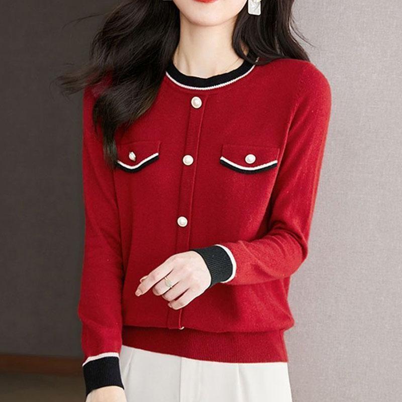 Новый осенний модный тренд Маленький аромат Круглый вырез Сочетание цветов Универсальный Свободный крой Стройнящий и Молодящий женский свитер