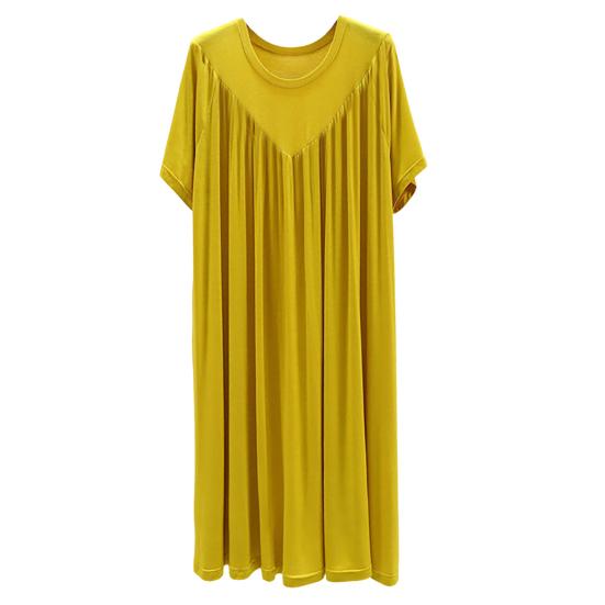 Женское летнее платье, плиссированное сплошное цветное платье с круглым вырезом и короткими рукавами, тонкий свободный пуловер длиной до колена, повседневная повседневная одежда, женское платье миди