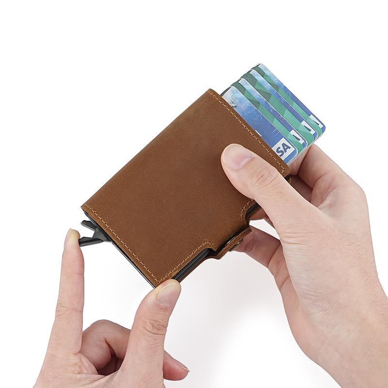 Винтажный 2025 Мужской Двухслойный Картхолдер из Кожи Crazy Horse с Выдвижным Механизмом на Кнопке и Алюминиевой Клипсой