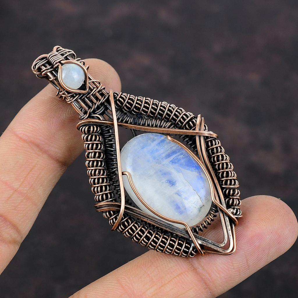 Радужный кулон с лунным камнем, медная проволока, кулон с драгоценным камнем, дизайнерский кулон, ювелирные изделия из лунного камня, кулон ручной работы, медные украшения для подарка