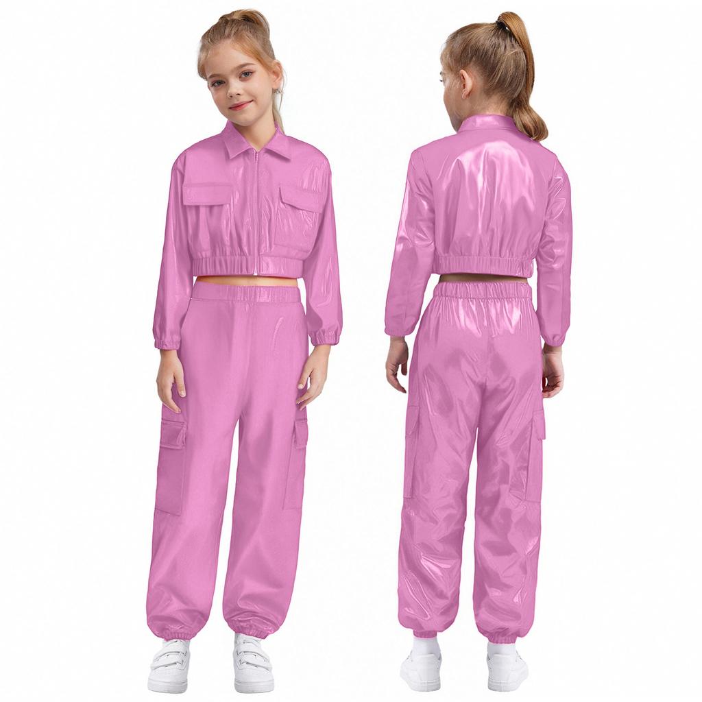 Детский танцевальный костюм для хип-хопа унисекс, куртка цвета металлик с длинными рукавами, отложным воротником и блестящими брюками