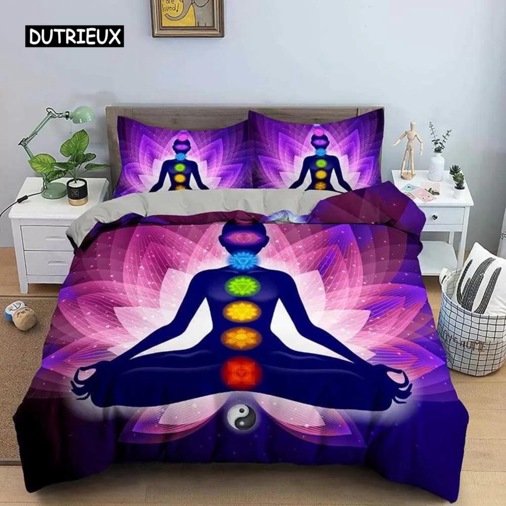 Пододеяльник для йоги King Queen Chakra Meditation Комплект постельного белья Blue Mandala Boho Hippie Style с Chakra Art Полиэстеровый пододеяльник
