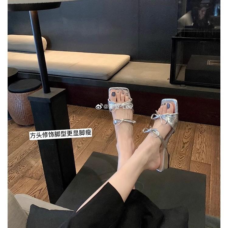 Grape mother has the same temperament square head double bow with versatile sandals women's summer French casual low-heeled slippers