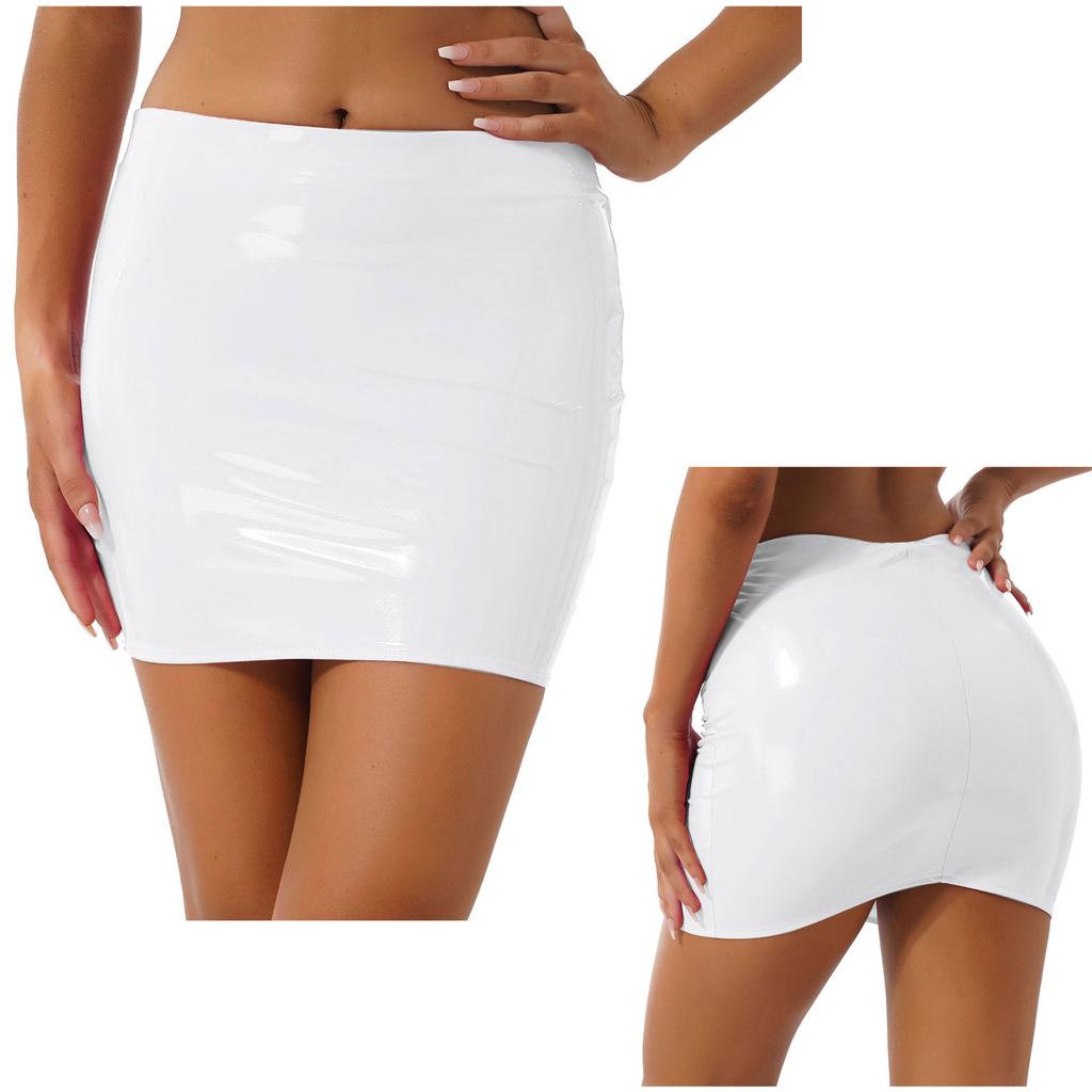 Women Sexy Skirts Glossy Patent Leather Miniskirt Solid Color Elastic Waistband Pencil Skirt Shiny Wet Look Latex Skirt Clubwear