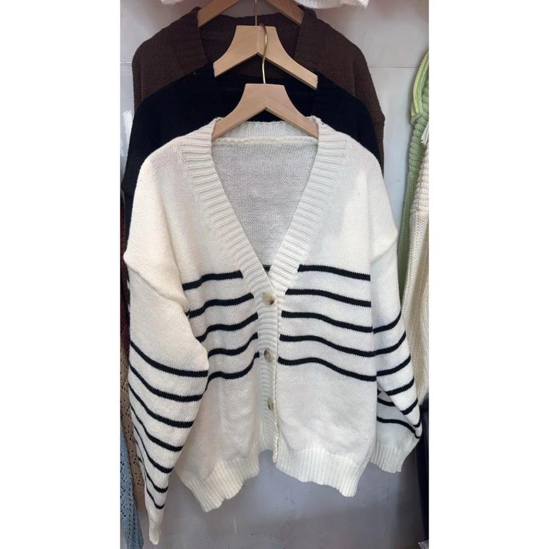 Модный длинный рукав V-образный вырез полосатый вязаный кардиган женский пальто осень и зима свободные женские кардиганы куртка топы элегантный мягкий теплый трикотаж 24826