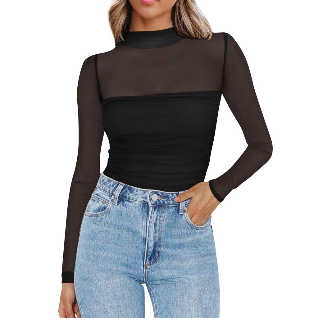 Женская модная однотонная футболка с круглым вырезом и длинным рукавом, с высоким воротом и длинным рукавом