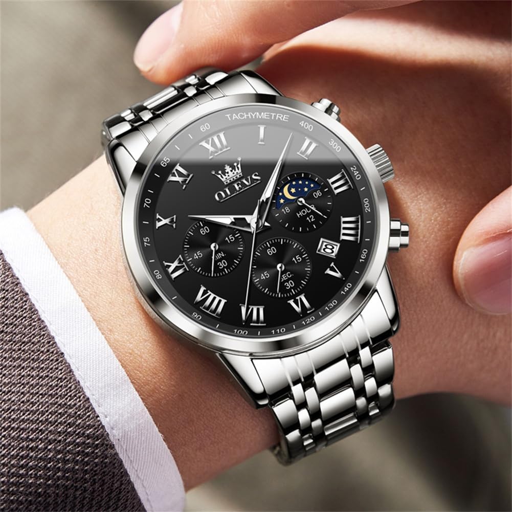 OLEVS Men's Quartz Watch Water-Resistant, Date Display, Luminous Hands, Stainless Steel Band, Black