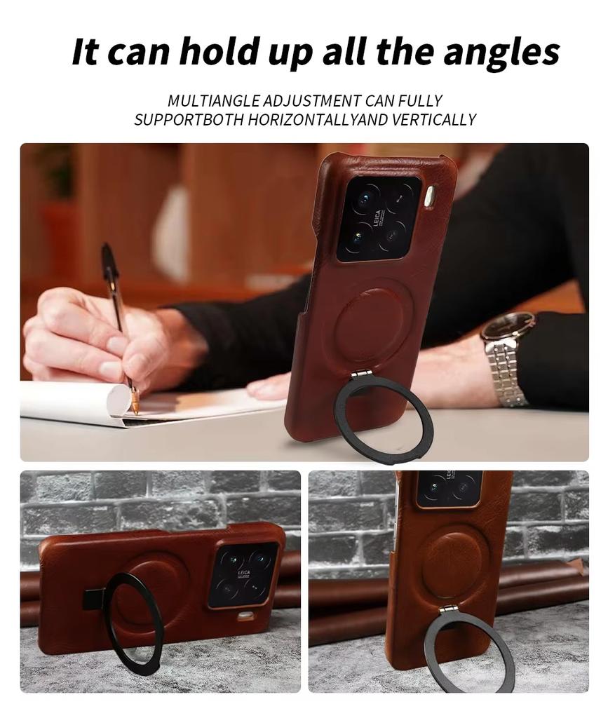 Foldable Bracket Stand Genuine Leather Phone Case For Xiaomi 15T Pro 15pro 14 17 13T 12T 13pro Kickstand Protective Back Shell