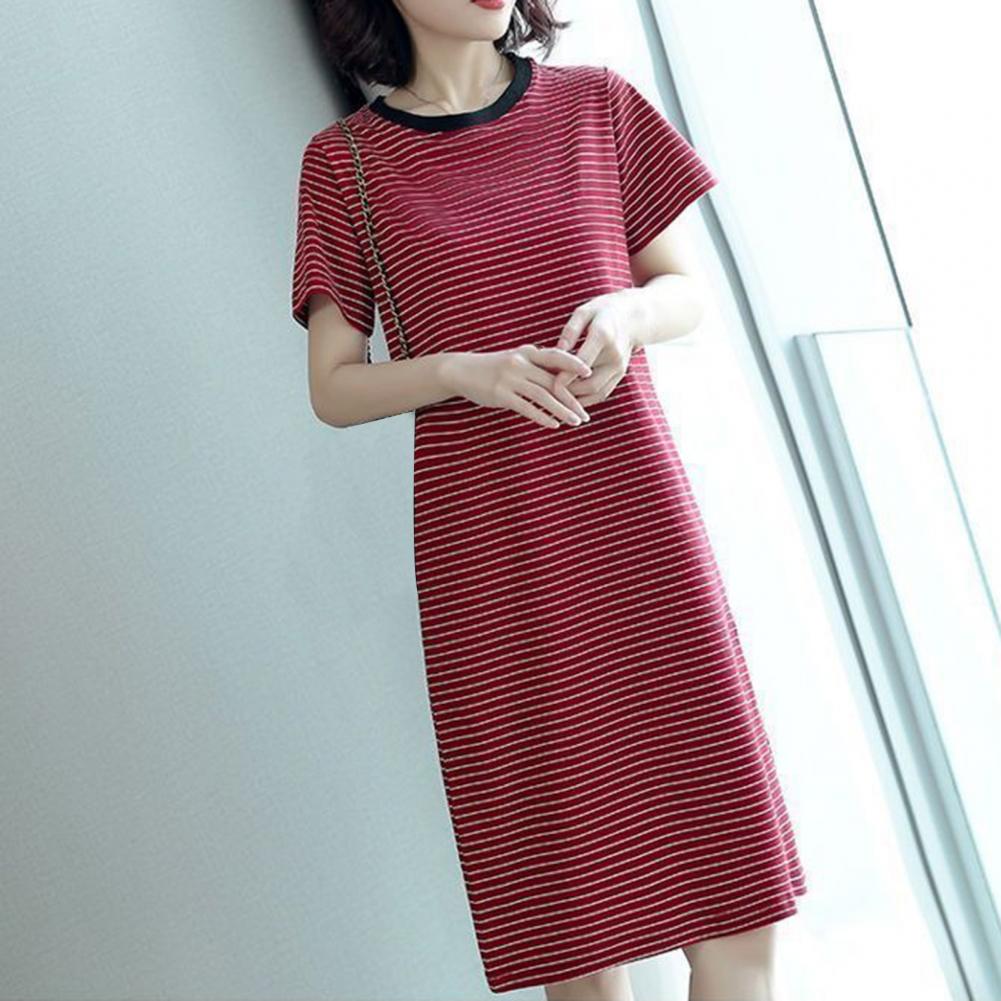 Women Casual Striped Middle Dress Short Sleeve Loose Round Neck Summer Lightweight Comfortable Office Beach Party Dress