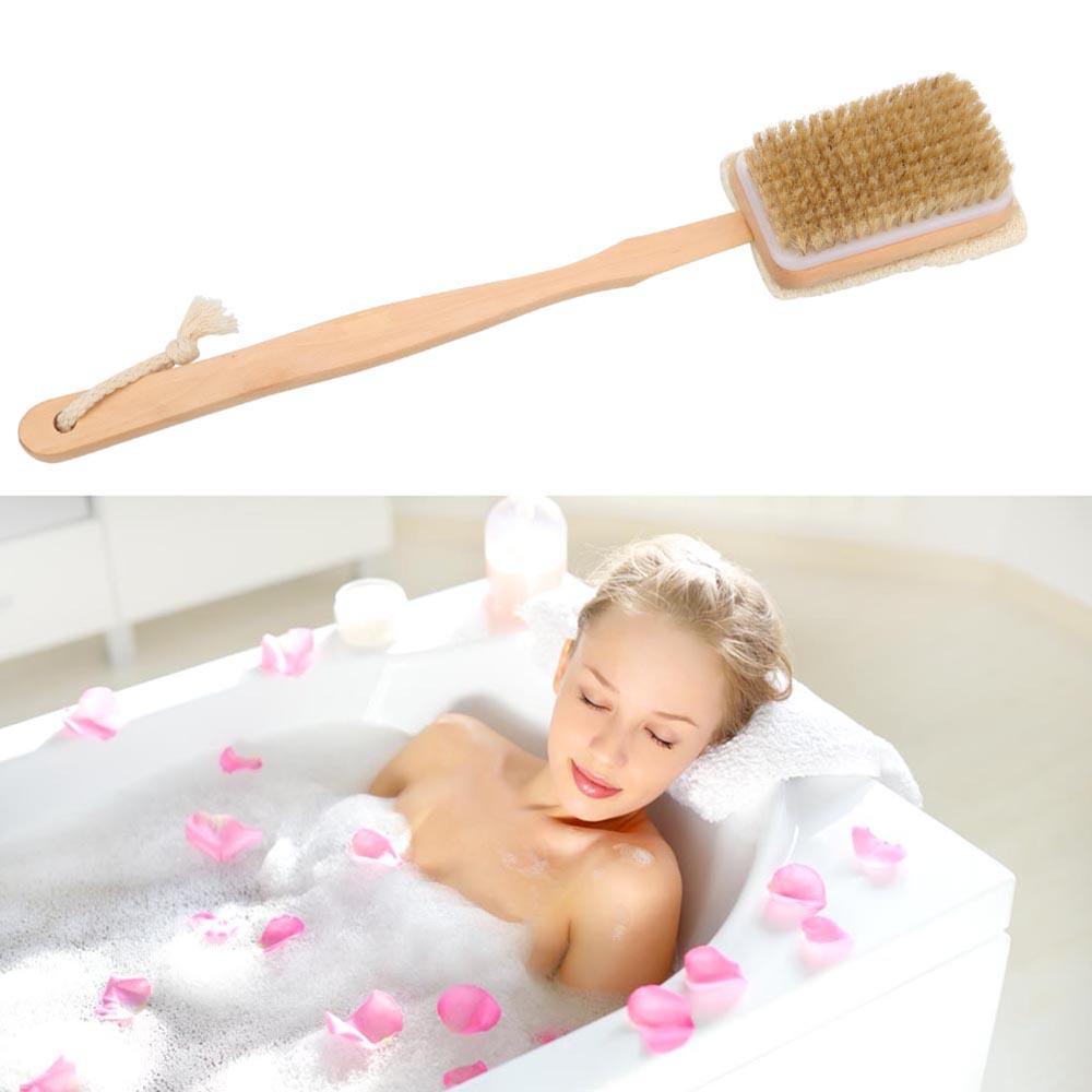 Массажная щетка для душа для тела и спины, щетка для очистки кожи, кутикулы, жира, удаления щетины из люфы, двухсторонняя щетка для ванны с деревянной ручкой, аксессуары для ванны