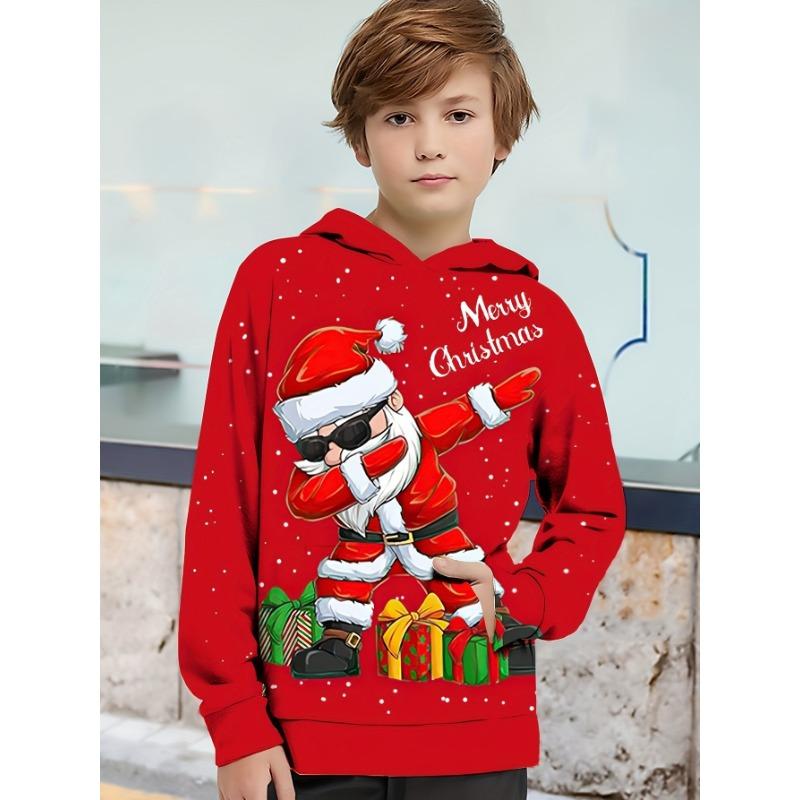 Свитшот с капюшоном и длинными рукавами и рождественским принтом — мягкий, стандартного кроя, уютный пуловер для мальчиков, идеально подходит для осеннего и зимнего сезонов