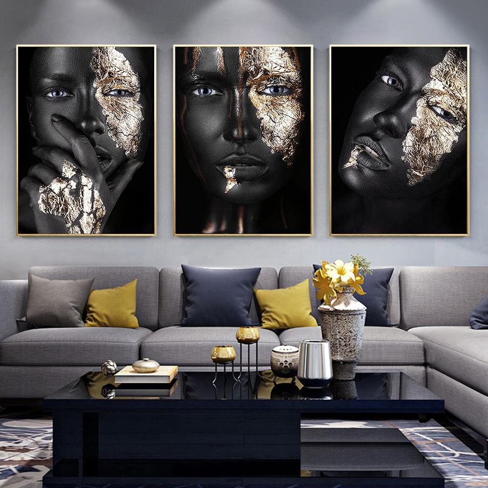 African Art Black Gold Women Posters and Prints Modern Portrait Canvas Painting Wall Art Picture for Living Room Home Decoration