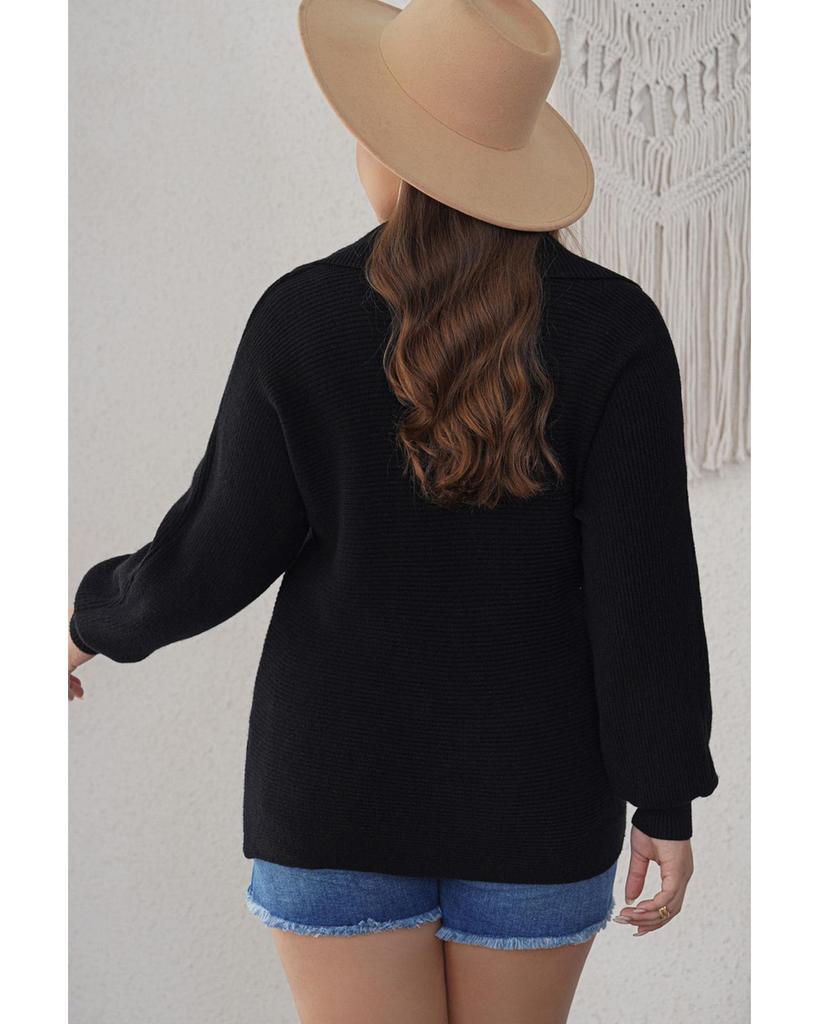 Azura Exchange Black Ribbed Knit Lapel Neck Curvy Sweater