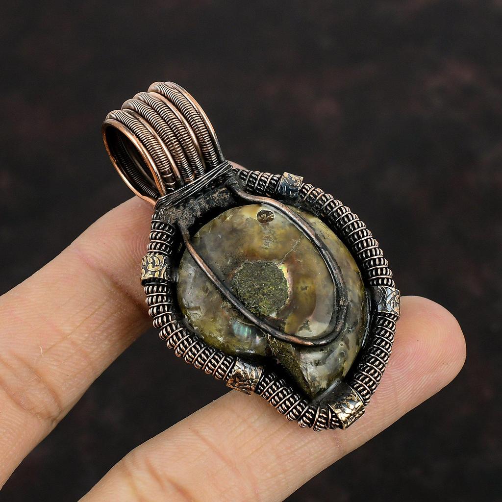 Кулон из аммонита ископаемого, медная проволока, кулон, ювелирные изделия ручной работы, ювелирные изделия из драгоценных камней, медовая пчела, медный ювелирный подарок для жены, стильный кулон