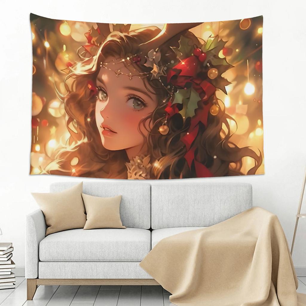 Anime Girl Christmas Wreath Tapestry Bedroom Decoration Wall Hanging Blanket Tapestry Cool Stuff For Room
