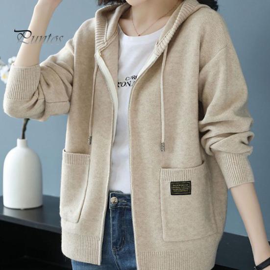 Осень-зима Женское пальто с капюшоном, завязками, длинными рукавами, карманами, плотный, сохраняющий тепло, однотонный кардиган на молнии, повседневная трикотажная куртка