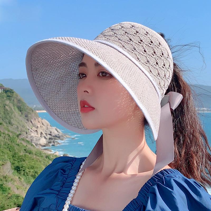 Летние модные шляпы от солнца с хвостиком для женщин, соломенная шляпа с бантом и широкими полями, пустая шляпа-ведро, женские полые панамские кепки