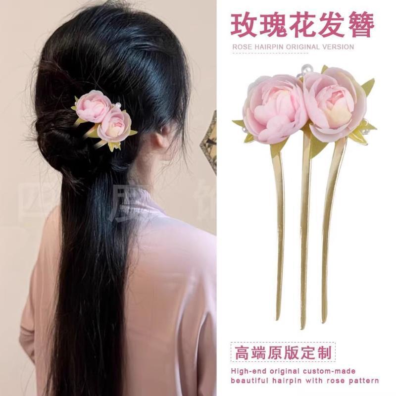 New Chinese Style Peony Beaded Three Teeth Hair Fork Vintage Elegant Bun Hair Accessories