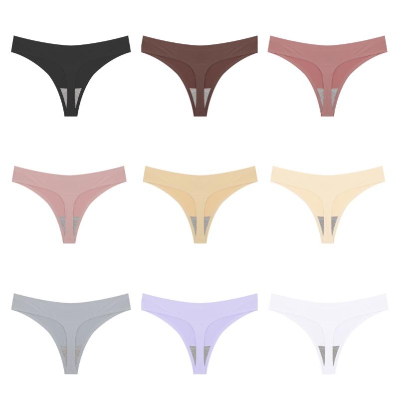 FINETOO Women Seamless Thong Maillard Color Sexy G-String Female Multi Color Ice Silk No Trace Underwear High Cut Soft Panties