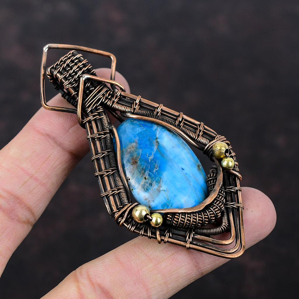 Кулон с неоновым апатитом, медная проволока, кулон, драгоценный камень, медные украшения, этнический кулон ручной работы, обернутый проволокой, ювелирные изделия с неоновым апатитом для подарка