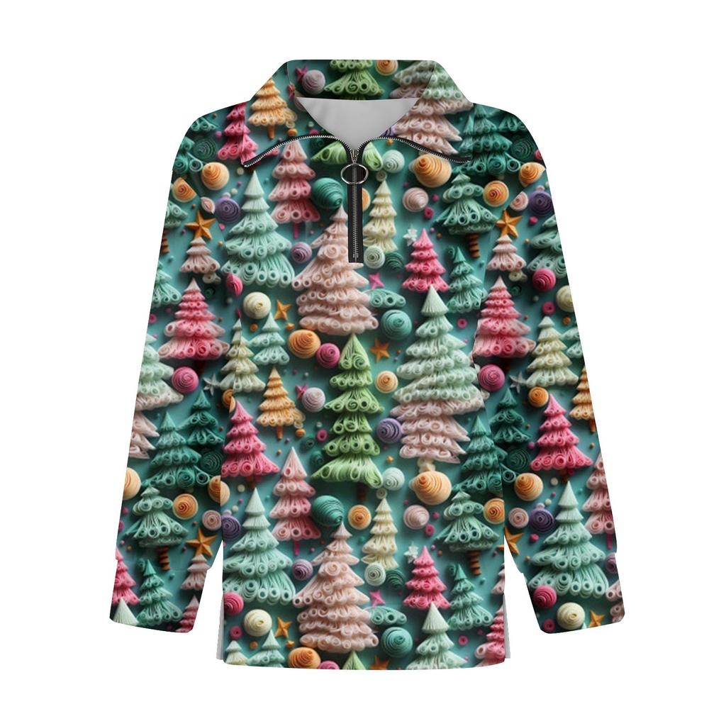 Женский повседневный свитер с полумолнией и лацканами со снежинками и разрезом сверху по бокам, модная одежда