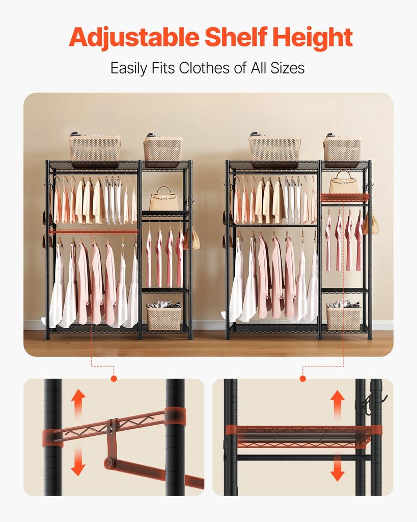 VEVOR Clothing Garment Rack, Heavy Duty Clothes Rack, 6 Adjustable Tiers Clothes Racks with Steel Frame