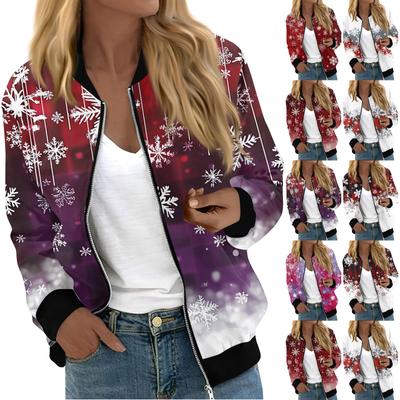 Куртки женские с длинным рукавом, легкие, на молнии, укороченные, модные, с рождественским принтом, верхняя одежда, повседневные, стеганые куртки с карманами