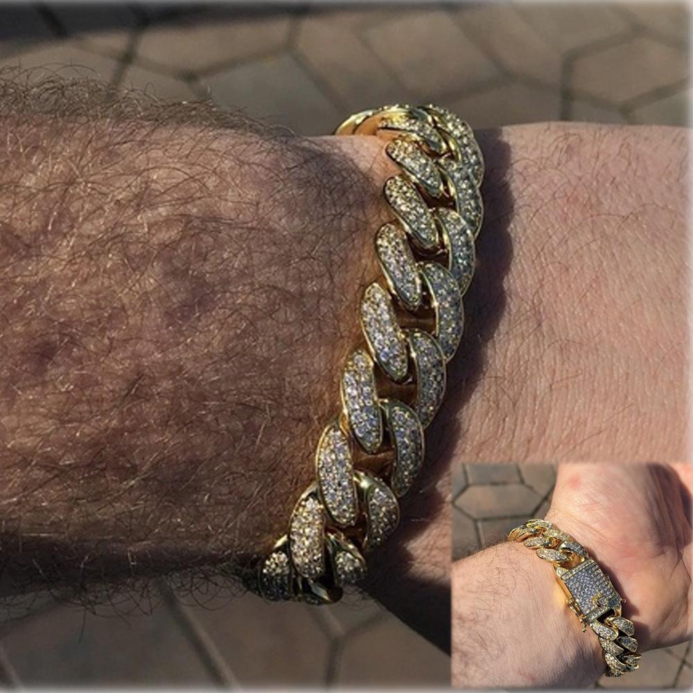 12mm Width Luxury Shiny Fashion Bracelet Hip Hop Link Chain Inlaid Rhinestone Bracelet