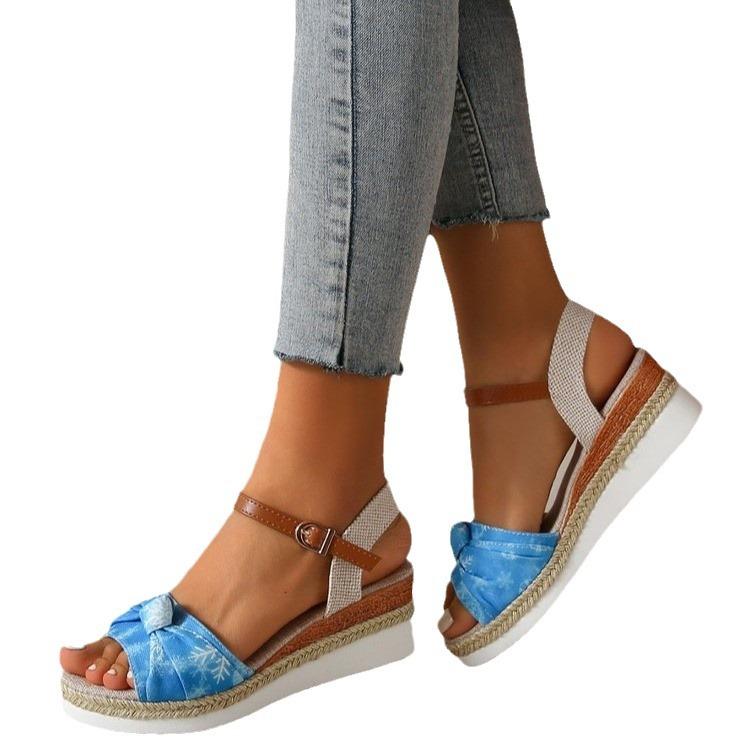 Летние новые босоножки на покатом каблуке с бантом, европейская и американская мода, импортные босоножки больших размеров, сандалии с пряжкой в виде рыбьего рта и подошвой из пеньковой веревки