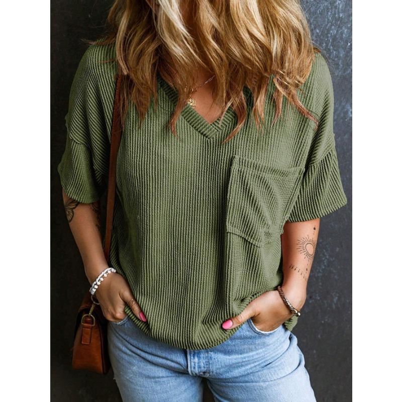 YYFS Женские модные повседневные летние весенние однотонные блузки и рубашки с v-образным вырезом и короткими рукавами с принтом