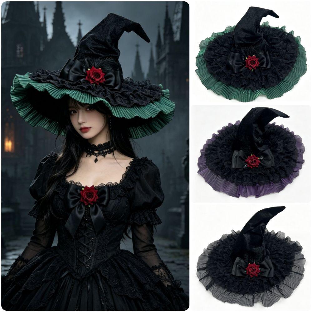 Black Green Purple Halloween Witch Hat Rose Bowknot Pointed Hat Witch Cosplay Hat  Halloween Party