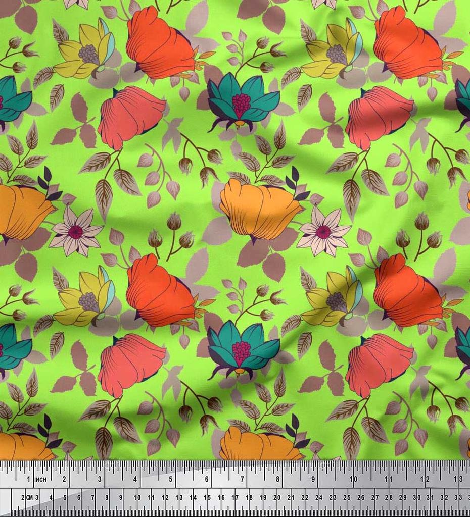 Soimoi Japan Crepe Satin Fabric Leaves & Floral Artistic Fabric Prints By Metre 42 Inch